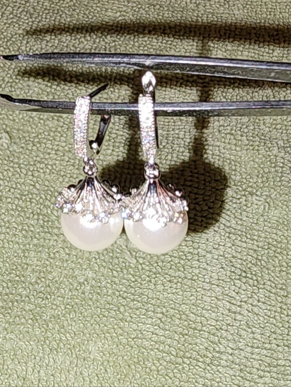 White Pearl Drop Earrings with Silver Accents